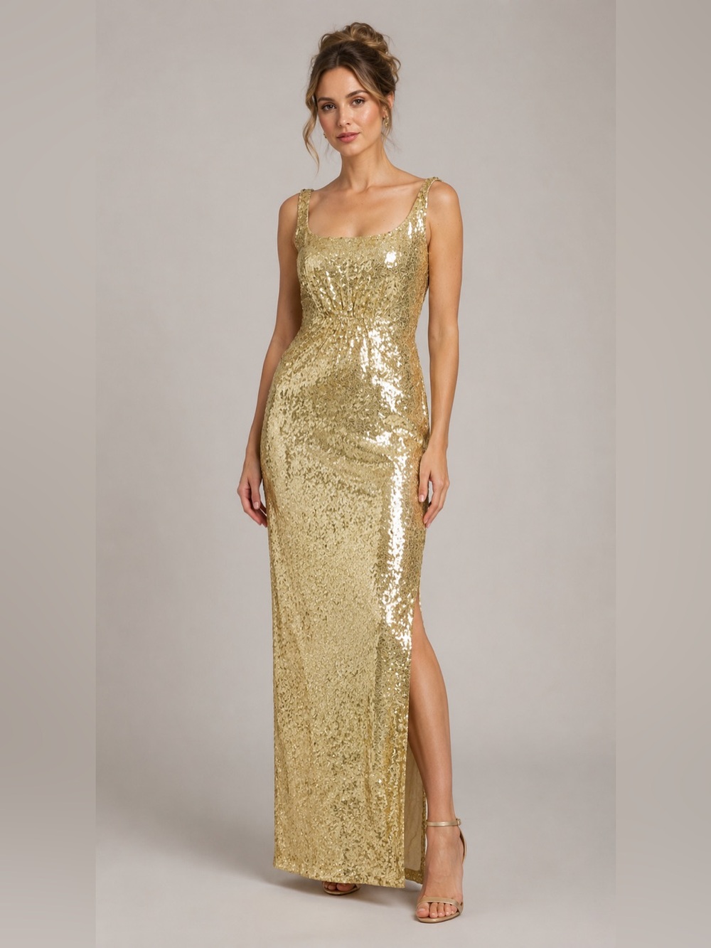 Vintage 60s 70s Lillie Rubin Gold Sequin Column Evening Gown Maxi Dress S